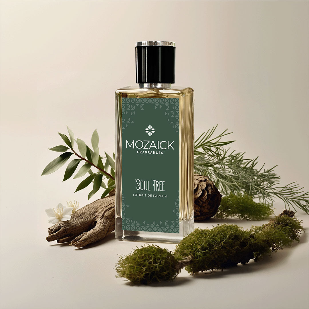 SOUL TREE Extrait de Parfum 50 ml by MOZAICK – bottle with driftwood, moss and twigs on a light background